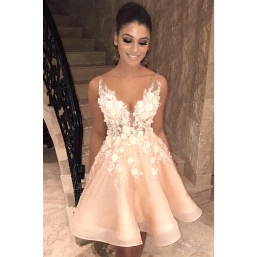 Romantic V Neck Lace Short Homecoming Dresses Tulle High Low Applique A Line Backless Short Plus Size Customize Cocktail Dress