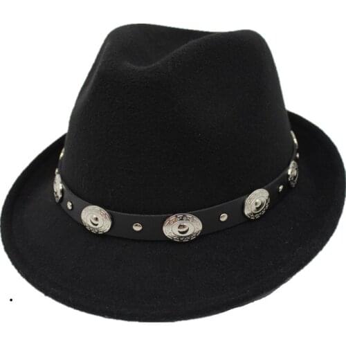 Seioum British Style Wool Jazz Cap Hat for Women Vintage Utumn Winter Ladies Fedora Hats with Metal Belt Female curled Brim Hat