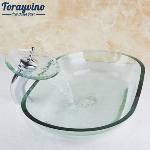 Torayvino Oblong Rectangle Glass Bathroom Sink Washbasin w/Tap Waterfall Mixer Faucet Lavatory Bath Sink Set