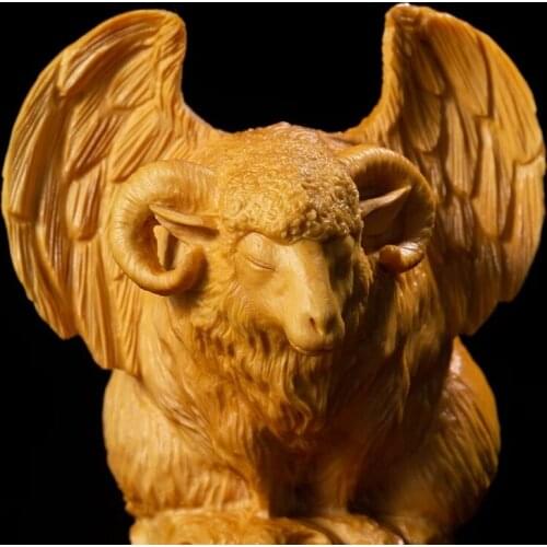 10CM Mythical Angel Sheep with Wings Good Luck Collection Wood Animal Statue Arts Solid Wood Statue Figurines Mascot Boat Decor
