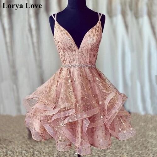 Light Pink Sequins Prom Dresses 2020 Women Party Night Vestidos De Gala Spaghetti Straps V-Neck Ruffles Gradustion Evening Dress
