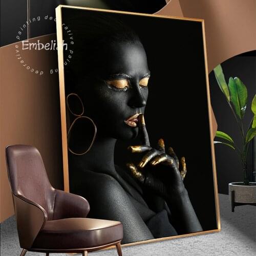 Embelish Black Artworks African Nude Woman With Golden Paints Home Decor Cuadros Wall Posters HD Canvas Living Room Paintings