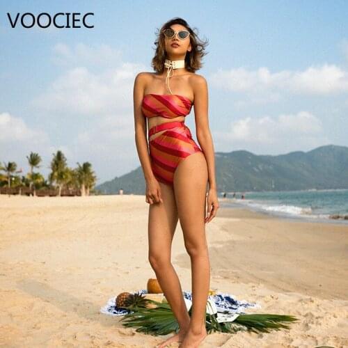 VOOCIEC Women Sexy Bikini Set Off Shoulder Wrapped Chest Solid Bandage Push Up No Pad Swimwear Swimsuit Beachwear Pluz Size