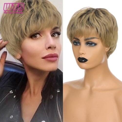 WTB Mix Blonde and Black Ombre Short Pixie Cut Womens Wig Synthetic Natural Short Straight Cute Wigs with Bangs