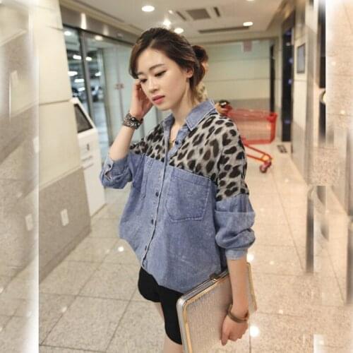 Ladies Casual Chiffon Leopard Stitching Denim Jeans Shirt Top Women 2021 Spring Autumn Long Sleeve Top Blouse For Female A119