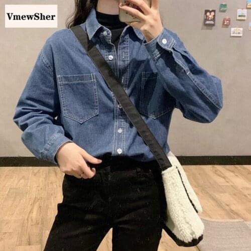 VmewSher New Spring Women Shirt Coat Denim Long Sleeve Turndown Collar Single Breasted Fashion Autumn Solid Casual Jean Outwear