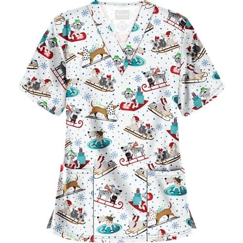 Women Short Sleeve Tshirt V-neck Tops Working Uniform Christmas Thanksgiving Pocket Tshirt Camisetas Verano Mujer 2021 #P3