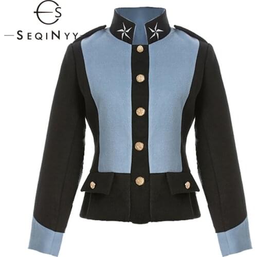 SEQINYY Autumn Jacket 2020 Winter High Quality Star Embroidery Buttons Blue Black Women Long Sleeve Warm Short Top