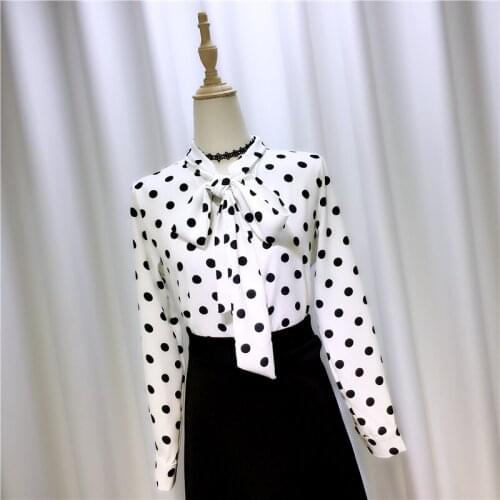 Polka Dot Chiffon Women Blouse Summer New 2021 Bow Neck Long-Sleeved Slim Work Office Lady Elegant Outwear Tops