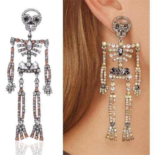 Goth Exaggerated Skull Earrings for Women Punk Jewelry Rhinstones Skeleton Rib Bone Drop Earring Brinco Halloween Gift