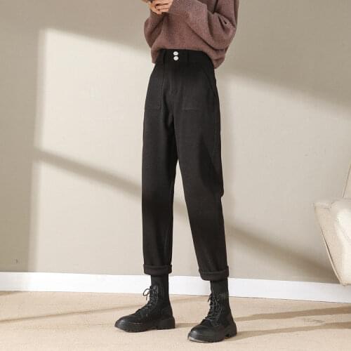 2021 Autumn Winter Women Woolen Thick Warm Pants Lady Button High Waist Harem Loose Trousers Female Casual Solid Slim Pant K550
