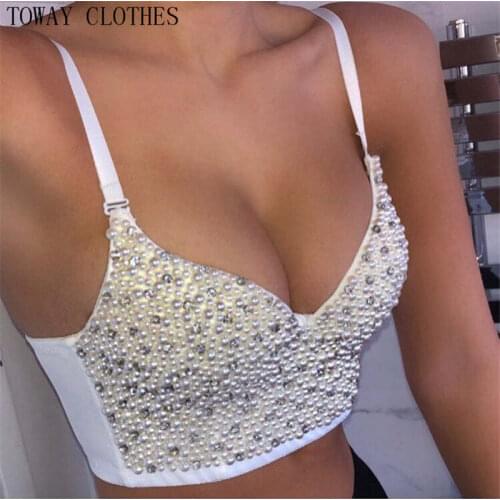 Spaghetti Strap Plunge Beading Diamonds Pearls Womens Bustier Bra Wedding Corset Party Cropped Top Vest