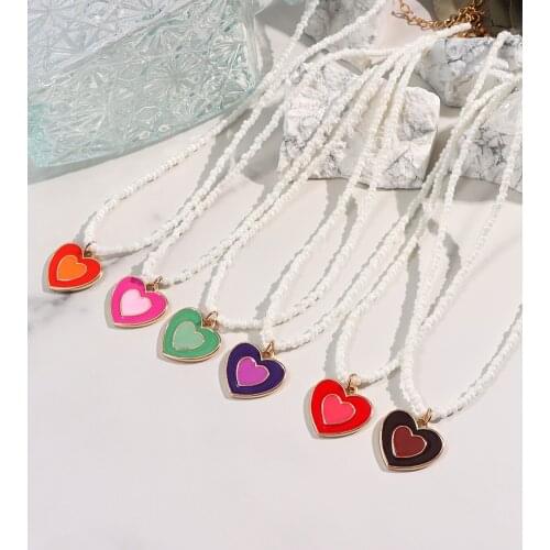 Ins Candy Enamel Heart Beaded Necklace For Women Acrylic White Resin String Bead Double Layer Love Necklaces Vacation Jewelry