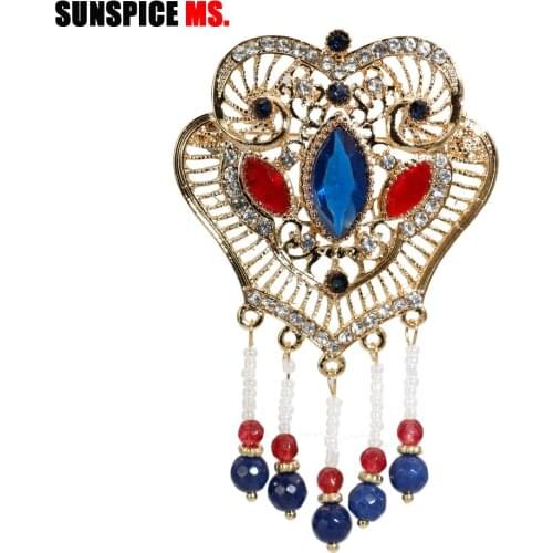 SUNSPICE-MS Fashion Gold Color Brooch Women Ethnic Dress Red Green Rhinestone Caftan Hijab Pins Traditional Jewelry Banquet Gift