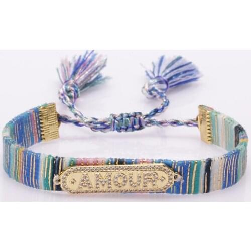 Gold white cz pave letter word AMOUR tag charm soft cotton silk boho bohemia tassel tail wristband adjustable bracelet for woman