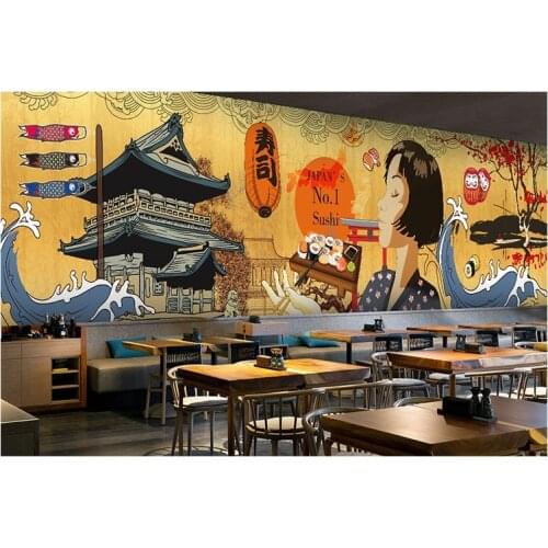 3d mural background Japanese Ukiyo-shi Pilgrims Retro Nostalgic Restaurant Seamless Mural Cooking Sushi Footwear Club Wallpapers