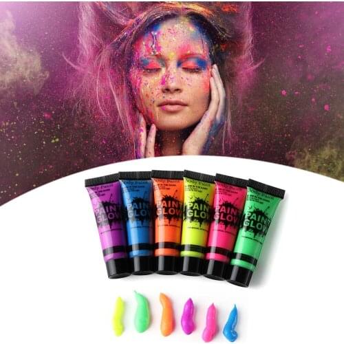 6pcs/Set UV Body Art Paint Neon Fluorescent Party Festival Halloween Cosplay Makeup Kids 6 Colors 10ml/25ml Face Body Painting