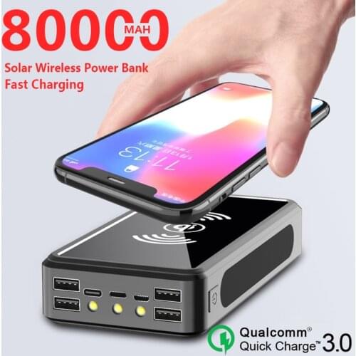 80000mAh Solar Powerbank Wireless Fast Charger with 4USB Large Capacity Mobile Phone External Battery Poverbank for Smartphoones