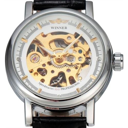 Winner Hollow Mechanical Automatic Women Watches Classic Carving Skeleton Gold Dial Genuine Leather Strap Ladies Wristwatch