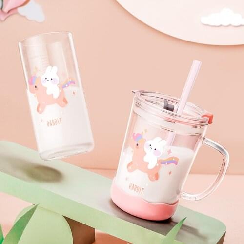 Children Glass Water Cup Cute Cartoon Toddler Drink Mug With Straw Leak-Proof Rabbit Milk Bottle Kids Scale Safety Milk Tumbler
