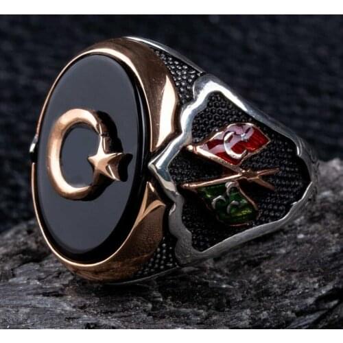 Black Onyx Stone Silver Crescent and Star Ring with Flags 925 Sterling Silver Ring for Men Onyx Mens Ring