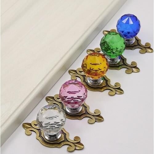 Colorful Ball Round Glass Crystal Furniture Handle Modern Diamond Cabinet Door Handle Wardrobe Drawer Knob Green Bronze Base