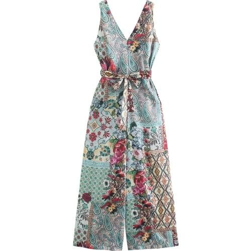 XIKOM 2021 Summer Women V Neck Patchwork Print Belt Jumpsuit Female Casual Vintage Ladies Backless Sleeveless Strap Tie Jumpsuit
