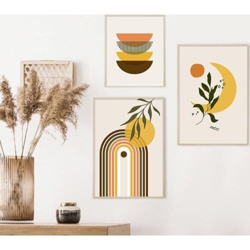 Boho Minimalist Wall Art Abstract Sun Moon Leaves Canvas Painting Geometric Poster and Print Picture for Living Room Home Decor