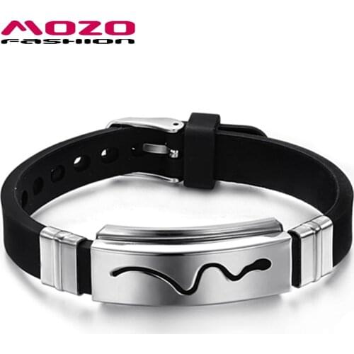 MOZO FASHION Hot Sale Men Jewelry Silicone Rubber Wristband Snake Design Stainless Steel Bracelet Pulseras Adjustable MPH966