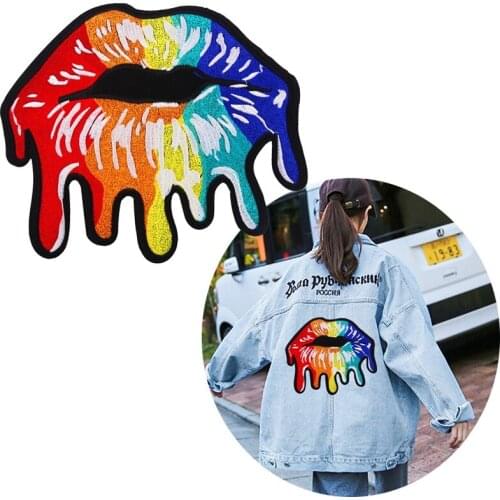 2019 New DIY Big Rainbow Lip Mouth Patches Applique Sewing Handmade Embroidery Patch for Clothing Embroidered Clothes Decor
