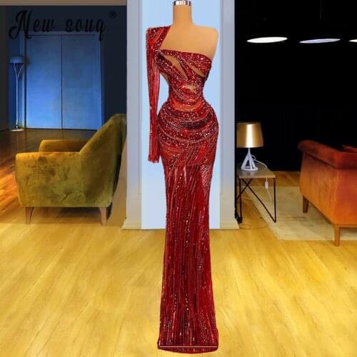 New Luxury Sequins Evening Dress Party Gowns One Shoulder See Through Floor Length Wedding Dresses For Brides Custom Made