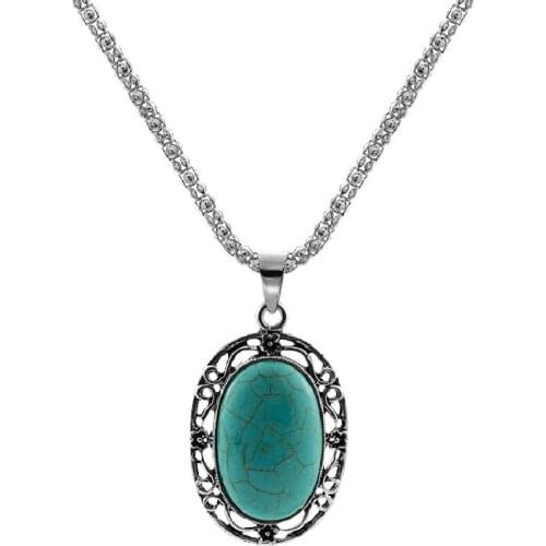 New Egg-Shaped Hollow Retro Turquoise Turquoise Pendant Flower Hollow High-Quality Alloy Turquoise Necklace Jewelry