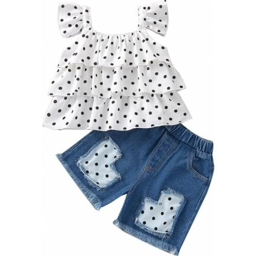 New Arrival Girls Two-piece Clothes Set White Square Collar Fly Sleeves Tops and Blue Shorts Childrens Polka Dot Outfits Suits