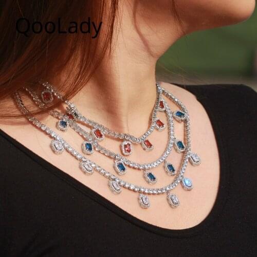 QooLady Classic Blue Cubic Zirconia Crystal Square Chain Clavicle Choker Necklace for Women Bohemian Fashion Party Jewelry N007