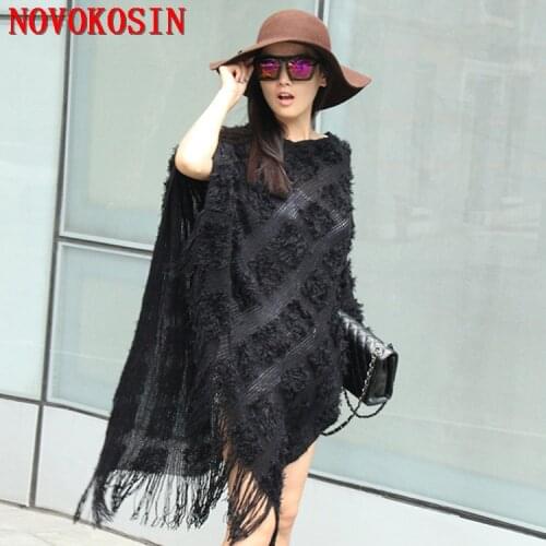 SC25 2018 Lady Knitted Faux Cashmere Coat Striped Poncho Loose Winter Shawl Fashion Tassel Sweater Batwing Sleeve Long Pullovers