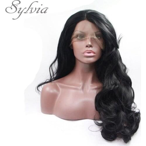 Sylvia Long Black Body Wave Hair Side Bangs 1B Synthetic Lace Front Wig For Black Women Heat Resistant Hair Wig Half Hand Tied