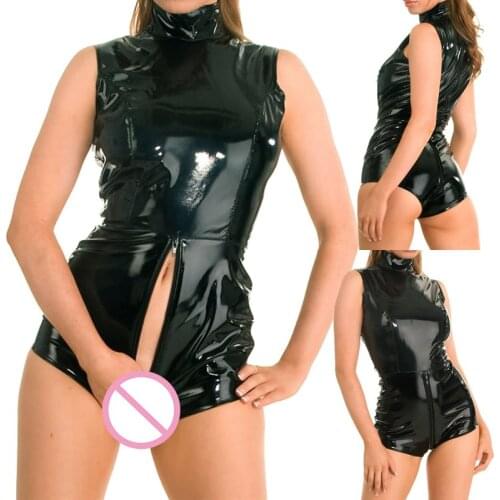 Sexy Women PU Leather Wetlook One-piece Sleeveless Crotch Zipper Leotard Bodysuit Catsuit Jumpsuits Nightclub Wear Clothes