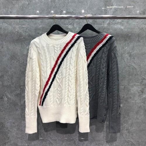 TB BROWIN Men Pullover Sweater Cardigan Wool tb Striped O-Neck Casual Winter Slim Knitted Couple Wear Korean High Quality