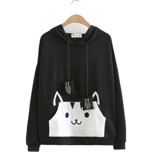 Women Kawaii Hooded Hoodie 2020 Autumn Girls' Fish Pendant Cat Pocket Loose Hooded Sweatshirt Femme Harajuku Tracksuits