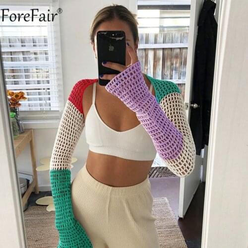 Forefair Long Sleeve Knitted Crop Top Women Patchwork Fashion Tee Summer 2021 Vintage Casual Blue Y2k T Shirts Beach