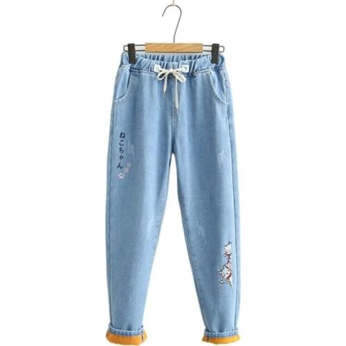 Fleece Cartoon Cat Embroidery Warm Jeans For Women 2020 Winter Plus Velvet Straight Denim Pants Elastic Waist Pocket Trousers