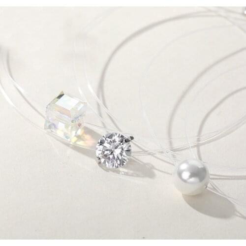 MloveAcc 925 Sterling Silver Zircon Crystal Pearl Pendant Choker Necklace Transparent Fishing Line Fashion Jewelry for Women