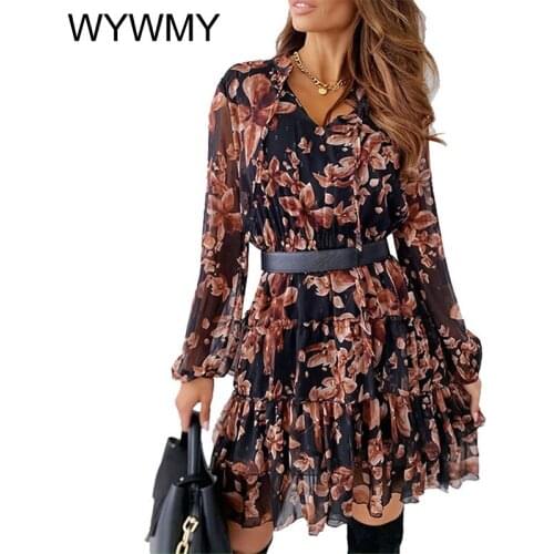 WYWMY Women V Neck Floral Dress Spring Flower Print Long Sleeve LaceUp Chiffon Ruffle Dress Ladies Elegant A-Line Party Vestidos