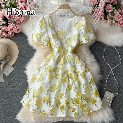 2021 summer new women square collar puff sleeve waist flower print chiffon A-line dress female Chic elegant party dresses