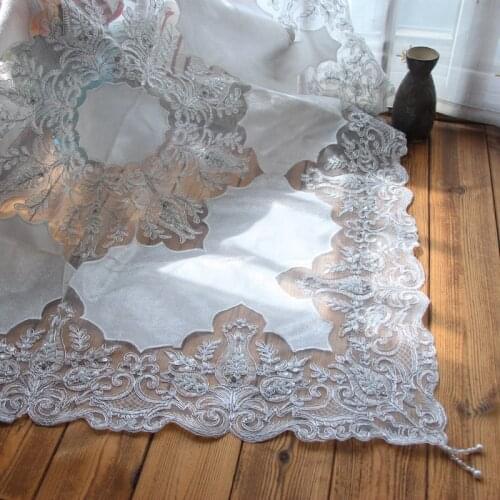 85cm Luxury Tulle Lace Satin Beaded Christmas Tablecloth Gold Silver Splice Cloth Kitchen Home Wedding Table Cover Decoration
