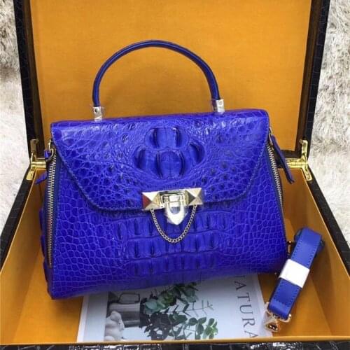 Authentic Exotic Crocodile Skin Womens Blue Purse Genuine Real Alligator Leather Lady Handbag Female Single Cross Shoulder Bag