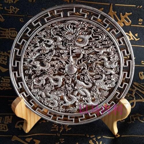 China Collection Tibetan silver round-shape fengshui 9 Dragon luck Statue home decoration Plate metal crafts