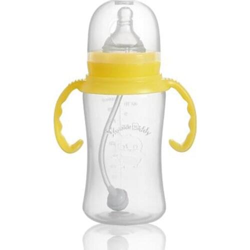 Children handle silicone nipple cartoon shatterproof 300ml PP wide diameter learn drinking baby bottle on sale KD1072
