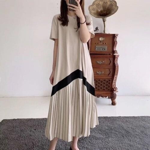 GOOHOJIO 2020 New Autumn Loose Women Pleated Dress Temperament O-neck Ladies Dress Short Sleeves Chic Club Party Dresses Female