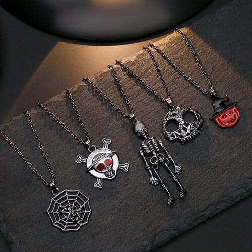 Gothic Ghost Skeleton Pumpkin Pendant Necklace Men Women Punk Hip Hop Neck Chains Vintage Necklace Halloween Party Jewelry Gift
